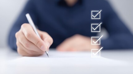 Businessman reviewing contract assessment document online quality management checklist validating data for effective administration and consulting evaluation