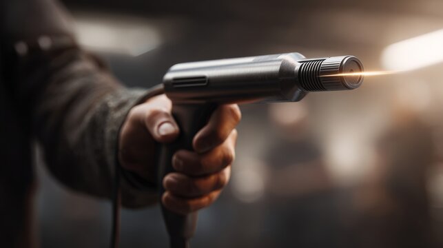 A close-up of a male hand holding a handheld welding torch, illuminating the workspace with a soft glow.