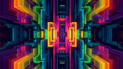 Symmetrical abstract digital art featuring a tunnel of vibrant, glowing rectangular structures in a rainbow of colors, suggesting a futuristic cityscape or data stream