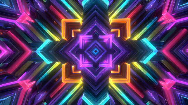 Abstract kaleidoscopic pattern of glowing neon lights in vibrant colors, creating a futuristic and energetic visual experience with geometric symmetry