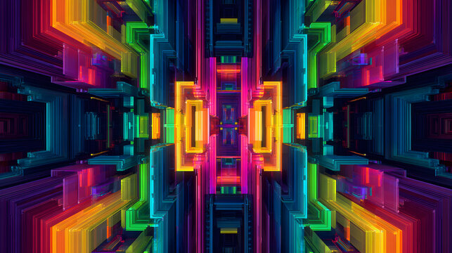Symmetrical abstract digital art featuring a tunnel of vibrant, glowing rectangular structures in a rainbow of colors, suggesting a futuristic cityscape or data stream - Powered by Adobe