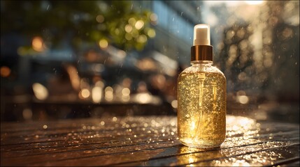 Glass cosmetic spray bottle filled with shimmering gold liquid rests on a wet wooden surface during light rain