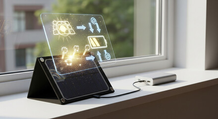A portable solar panel connected to a power bank, displaying a holographic interface with icons representing energy generation, storage, and efficiency, placed on a windowsill