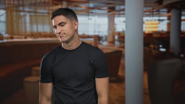 Young man wearing black tshirt rubbing hands near head in a restaurant seating area inside a building with warm lighting; quiet pensiveness.