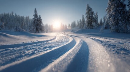 A tranquil winter landscape showcasing ski tracks in fresh snow under a bright morning sun.