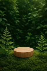 Wooden podium in lush green forest setting