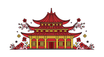 Fototapeta premium Ornate Red and Gold Chinese Pagoda with Floral Accents Illustration.