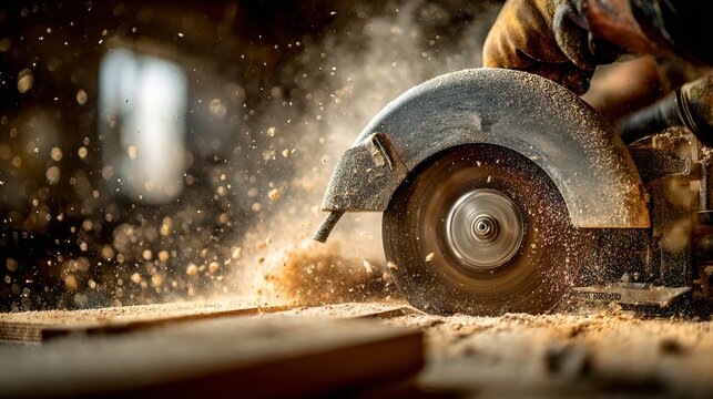 Close-up of a male carpenter using a circular saw, creating flying wood dust in a workshop setting.