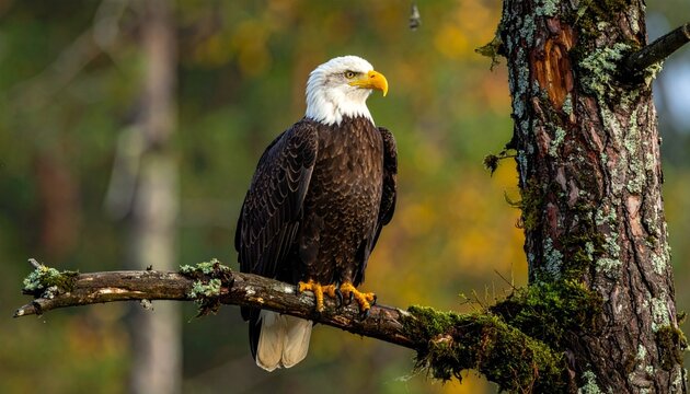 Bald eagle perched on branch with autumn forest. - Powered by Adobe