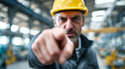 A frustrated male construction worker with a yellow hard hat points directly at the camera, expressing urgency and concern.