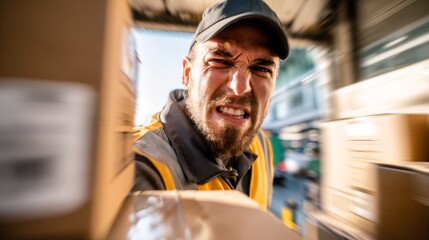 Intense male delivery worker navigating through packages, showcasing determination and focus amidst a busy backdrop.
