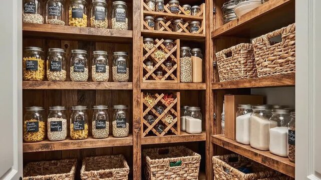 Rustic pantry showcases organized food storage in glass jars and woven baskets on wooden shelves creating an aesthetically pleasing kitchen space