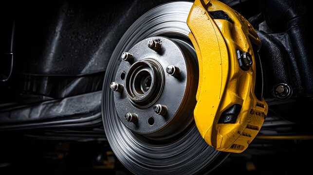 High performance vehicle wheel assembly featuring a bright yellow brake caliper clamping a metallic rotor disc