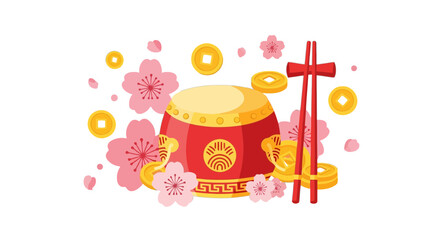 Chinese New Year Celebration Drum and Decorations Festive Scene.