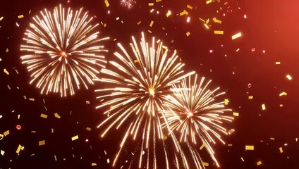 stunning 4k vertical video golden fireworks confetti bursting red background displaying message happy new year 2026 creating luxurious vibrant festive celebration effect - Powered by Adobe