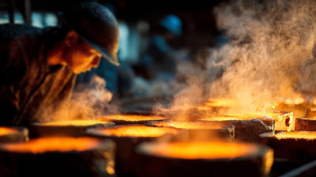 A focused male worker in a foundry, surrounded by glowing molten metal and rising steam, showcasing dedication and craftsmanship.