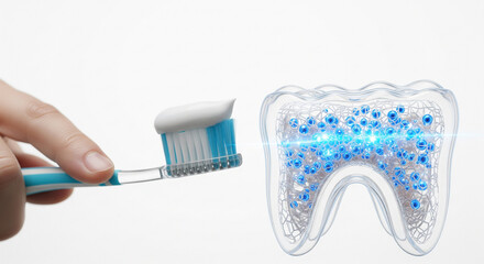 Closeup of a hand holding a toothbrush with toothpaste, next to a glowing, abstract representation of a healthy tooth, symbolizing dental hygiene and oral care