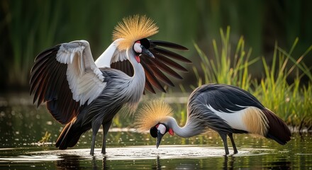 Naklejka premium Majestic grey crowned cranes by water in lush wetlands