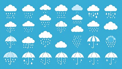 Set of white cloud and umbrella illustrations with rain on a blue background