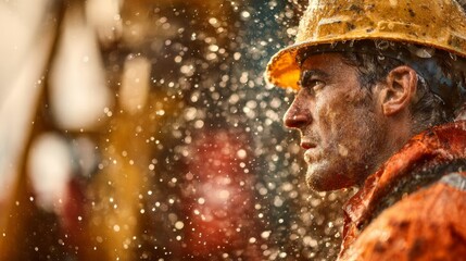 Fototapeta premium A rugged male worker in a safety helmet stands resiliently against splashes of water, showcasing determination and grit in a challenging environment.