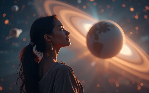Woman with space ball and planets in background exploring the beauty of the universe and travel experience. High quality