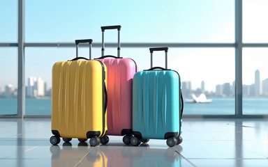 Suitcases in airport. Travel concept. 3d rendering. High quality