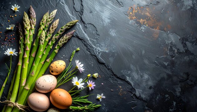 Asparagus with eggs  flowers on slate.
