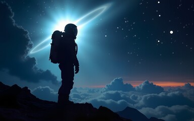 Silhouette of a futuristic astronaut looking out into outer space. Generative ai. High quality