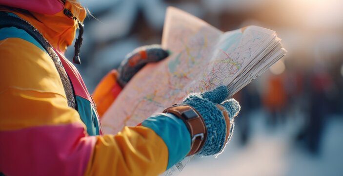 A young person in a colorful winter jacket examines a map outdoors in a snowy landscape, reflecting a sense of adventure.
