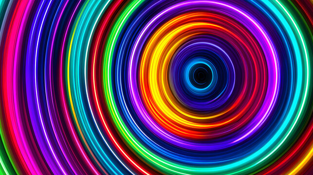 A vibrant vortex of colorful neon light swirls inwards, creating a mesmerizing and energetic tunnel effect with a sense of depth and motion