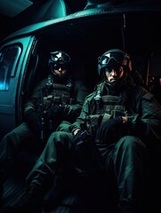 Fototapeta premium Soldiers in tactical gear are sitting inside a helicopter, ready for action.