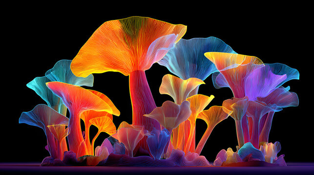 A dense grouping of fantastical, glowing mushrooms displays a spectrum of warm oranges, reds, and cool blues, illuminating a dark, mysterious environment with their inner light - Powered by Adobe