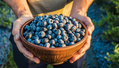 Fresh blueberries overflowing in a rustic wooden bowl held by hands outdoors