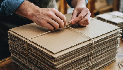 Hands tying a large stack of corrugated cardboard sheets with natural twine