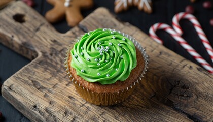Green frosted cupcake decorated with silver sprinkles sitting on a rustic wooden board with blurred Christmas treats.