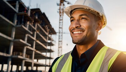 Smiling construction worker looking confidently at a busy construction site under a bright sunny sky