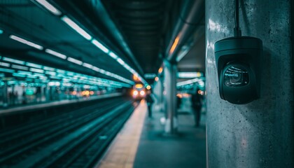 Security camera monitoring a bustling subway station platform with an approaching train under cool teal lights