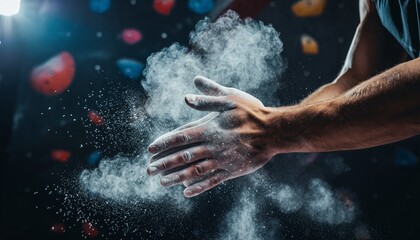 Climber's hands clapping chalk dust in a bouldering gym