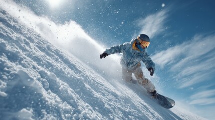 A male snowboarder expertly carving through fresh powder under a bright blue sky, showcasing thrill and adventure on snowy slopes.