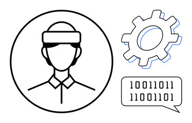 Person wearing a headband inside a circle, binary code speech bubble, and gear representing technology, AI, coding, machine learning, innovation, development, problem-solving simple flat metaphor
