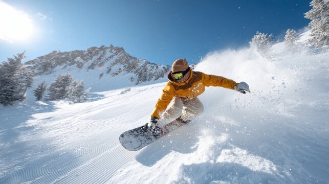 A male snowboarder in a bright orange jacket carving through fresh powder snow, set against a stunning mountain backdrop.