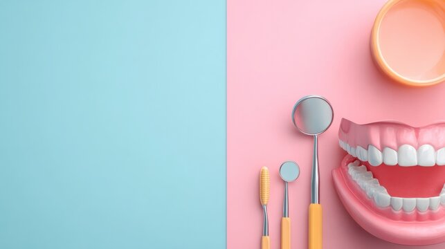 Dental care tools and jaw model on split background, copy space