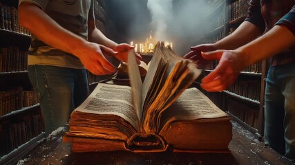 Two hands opening an ancient book in a dim library - Powered by Adobe