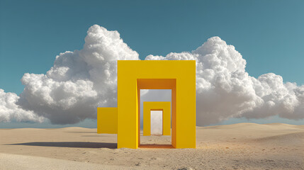 A surreal desert landscape featuring a series of yellow doorways receding into the distance under a blue sky with dramatic clouds