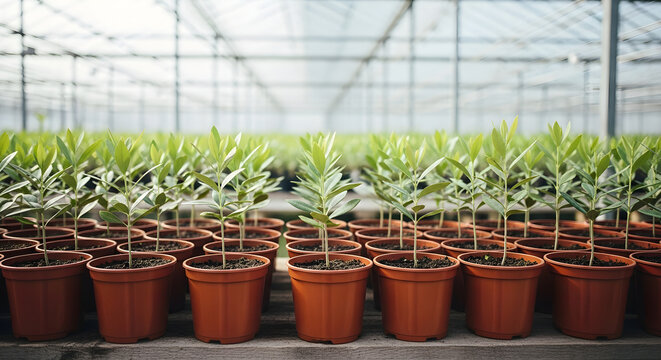 Olive seedlings in a greenhouse nursery - Powered by Adobe