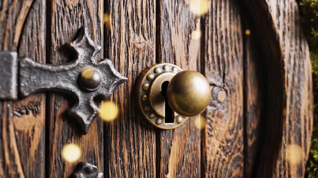 Wooden, rustic door with ornate hardware and a brass knob, surrounded by moss and glowing lights