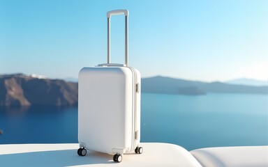 white suitcases by sea travel luggage vacation destination summer holidays luxury resort coastal getaway Greece Santorini tourism trip planner scenic landscape mediterranean sea vacation rentals lugga
