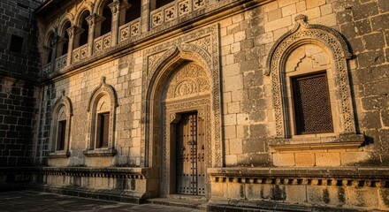 Intricate stone architecture of ancient historical building at sunset