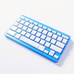 A stylized blue computer keyboard with blank white keys is shown on a white background.