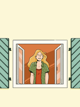 Happy woman looking out open window waving greeting